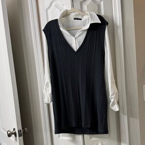 V-Neck Sweater Dress with White Shirt